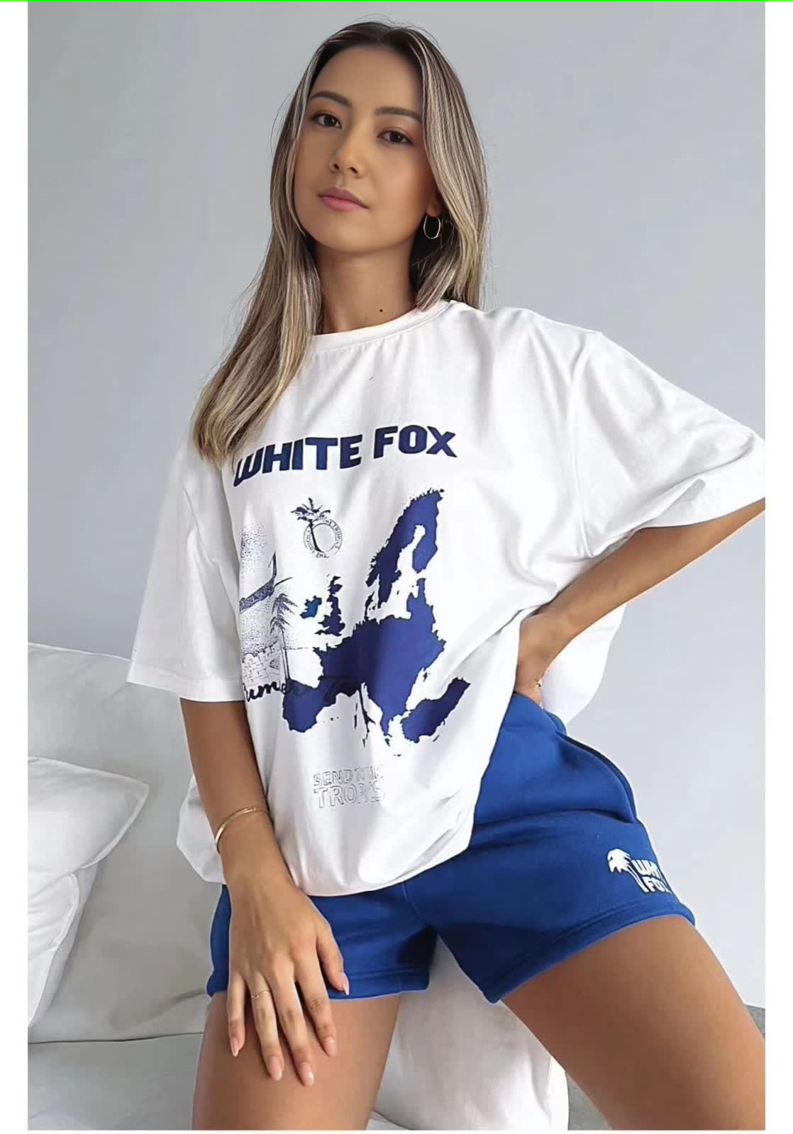 White graphic tee and blue shorts twin set, loose fit, short sleeves