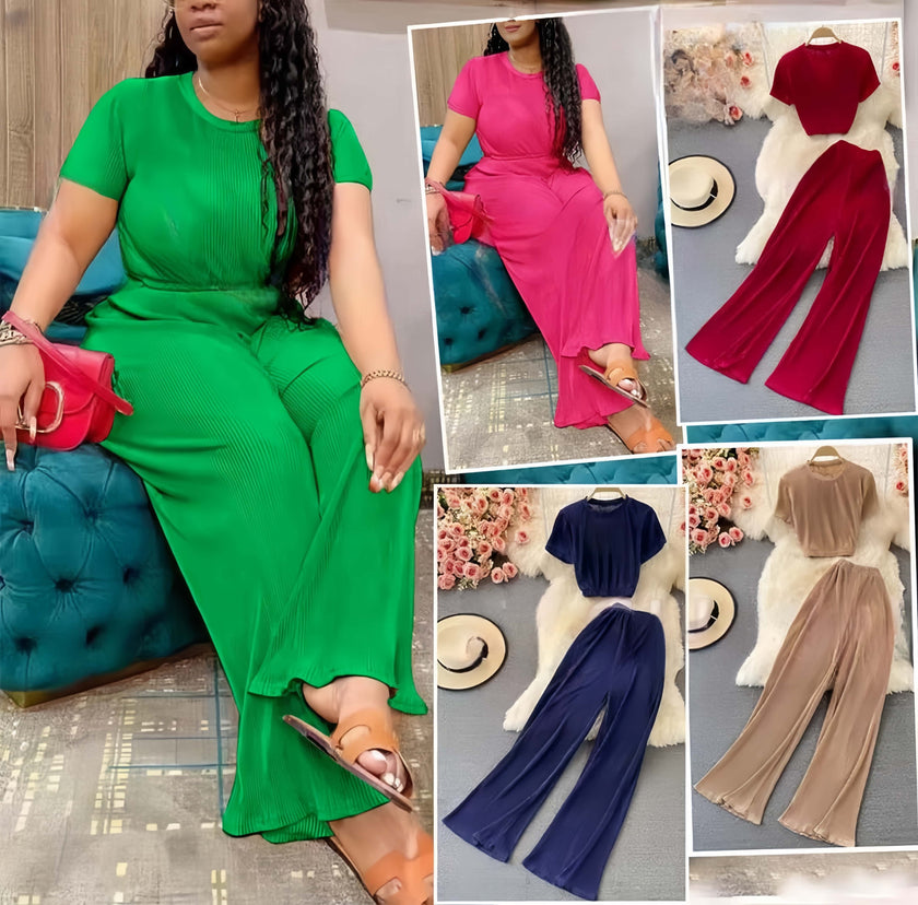 Green twin set: round-neck top and wide-leg trousers