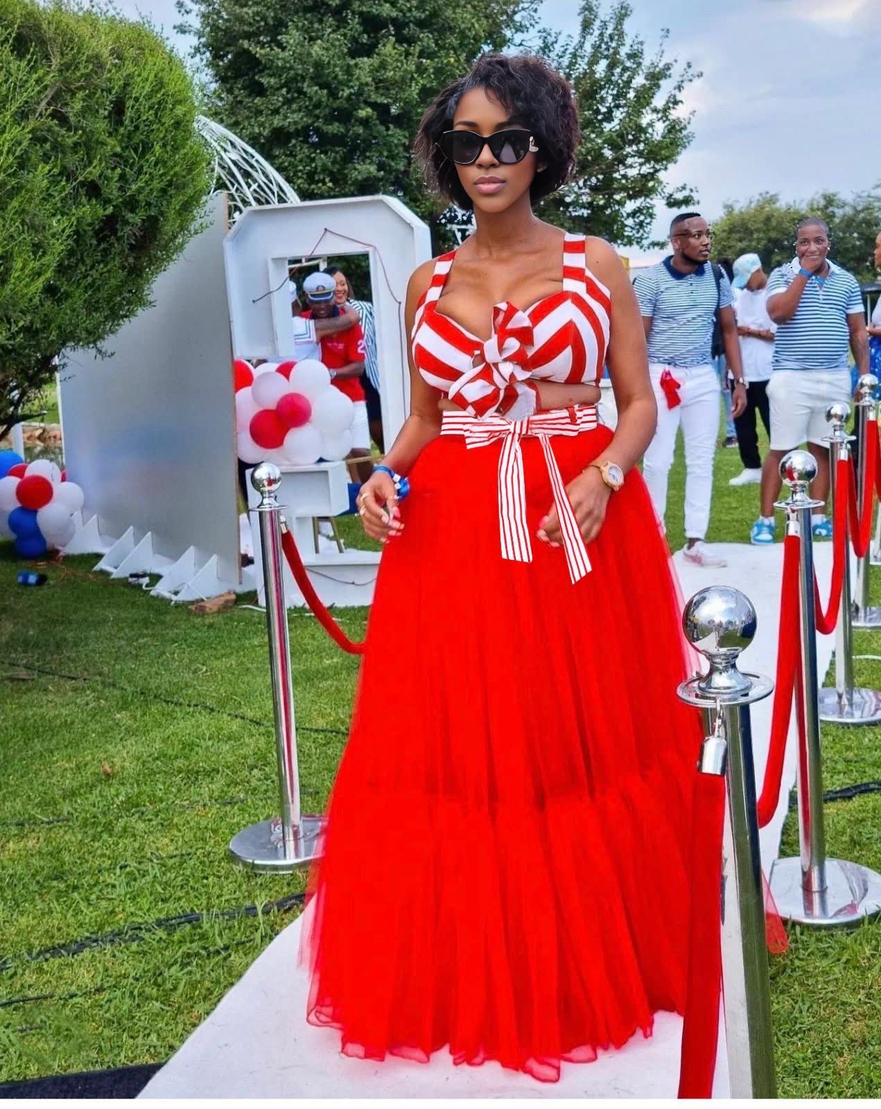 Red and white striped bow top and red maxi skirt set, sleeveless, front bow