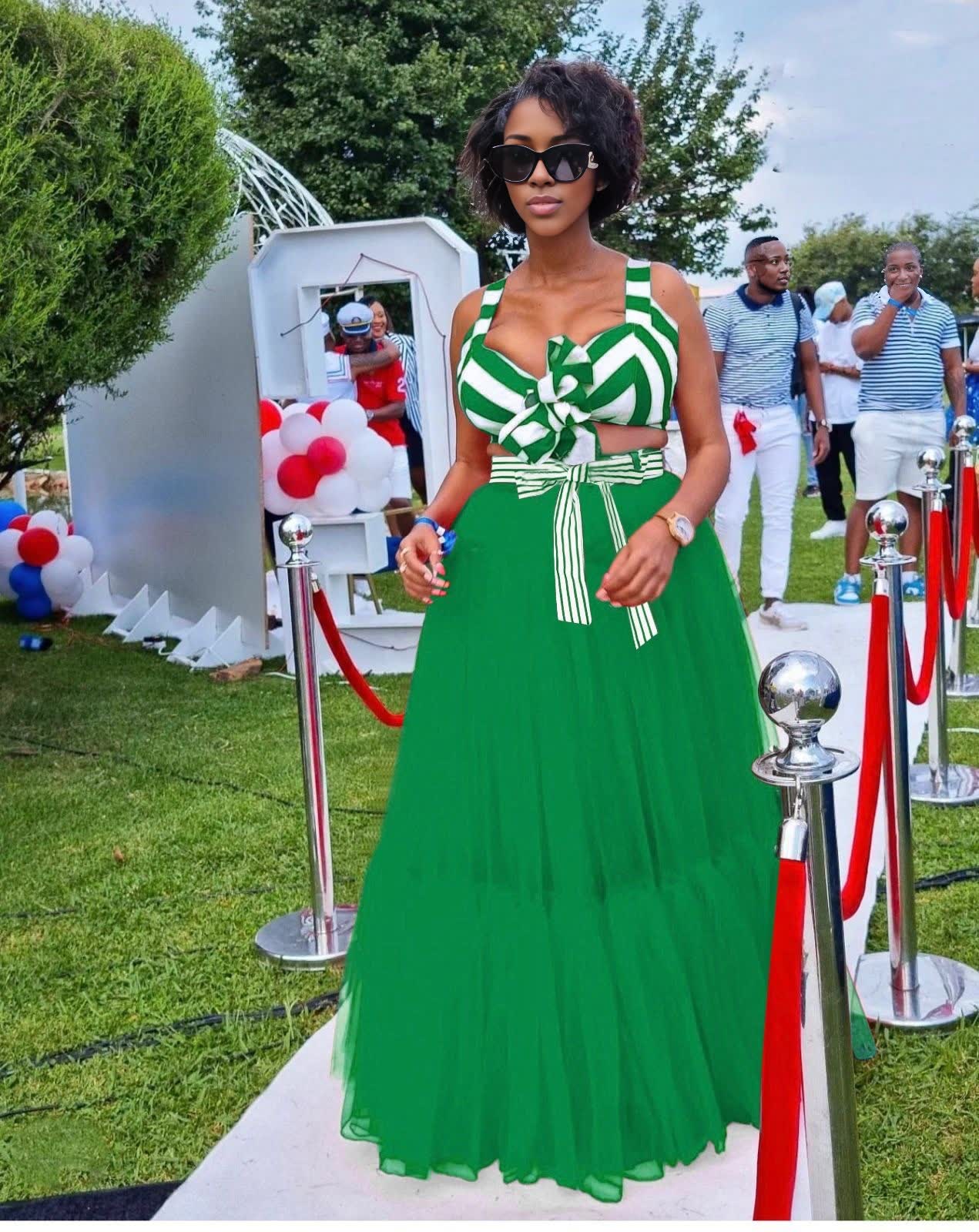 Green and white striped bow top and green maxi skirt set, sleeveless, front bow