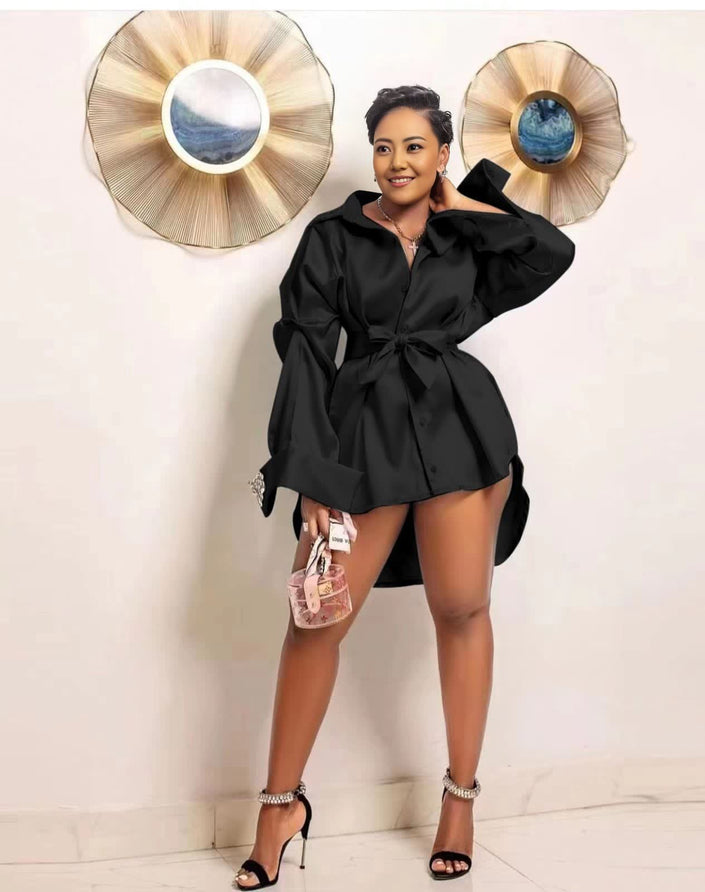 Black satin puff-sleeve shirt with tied waist, collared button front placket