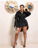 Black satin puff-sleeve shirt with tied waist, collared button front placket