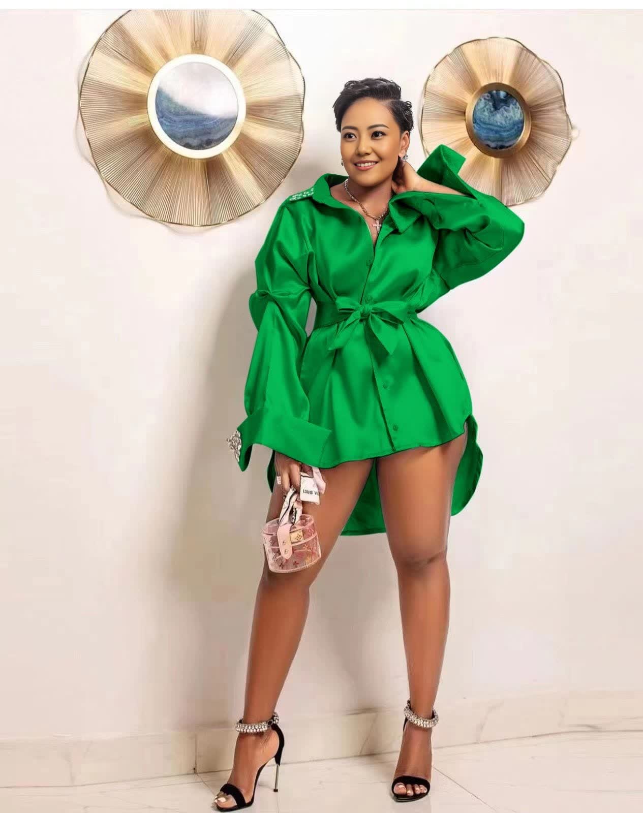 Lime green satin puff-sleeve shirt with tied waist and collared button front