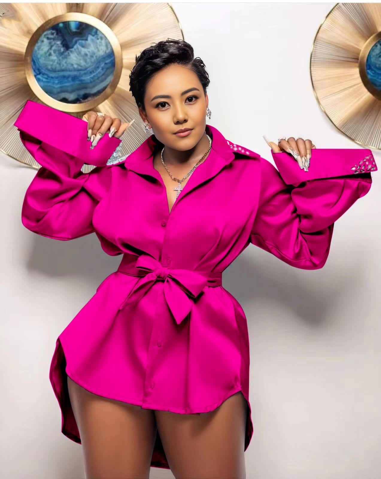 Deep pink satin puff-sleeve shirt with tied waist and collared button front