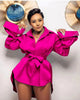 Deep pink satin puff-sleeve shirt with tied waist and collared button front