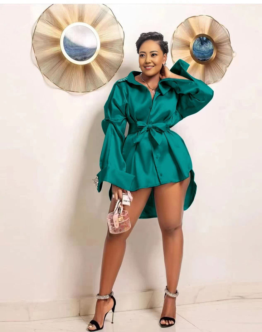 Dark cyan satin puff-sleeve shirt with tied waist and collared button front