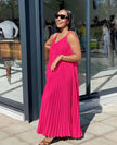 Sleeveless pleated maxi dress, deep pink V-neck style