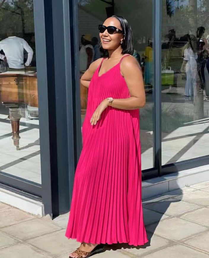 Deep-pink pleated sleeveless maxi dress, V-neck.