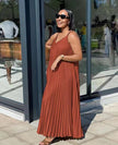 Sleeveless pleated maxi dress, rust brown V-neck style