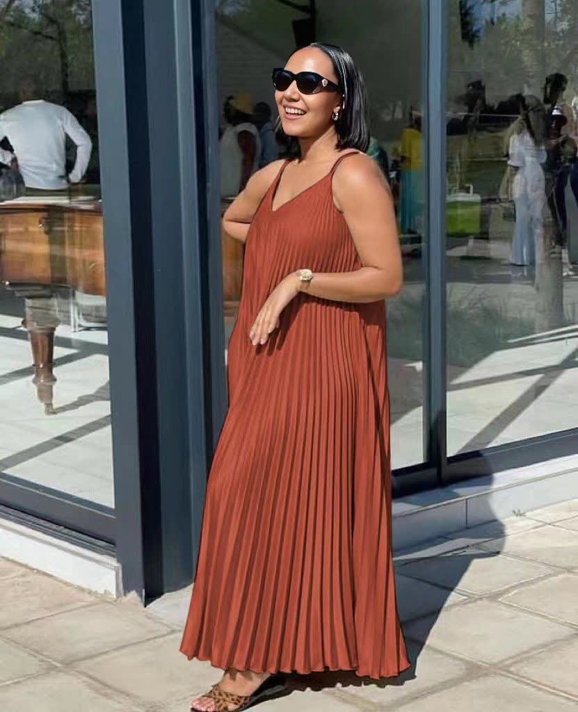 Sleeveless pleated maxi dress, rust brown V-neck style