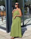Sleeveless pleated maxi dress, light green V-neck style