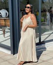 Sleeveless pleated maxi dress, light beige V-neck with fine pleats