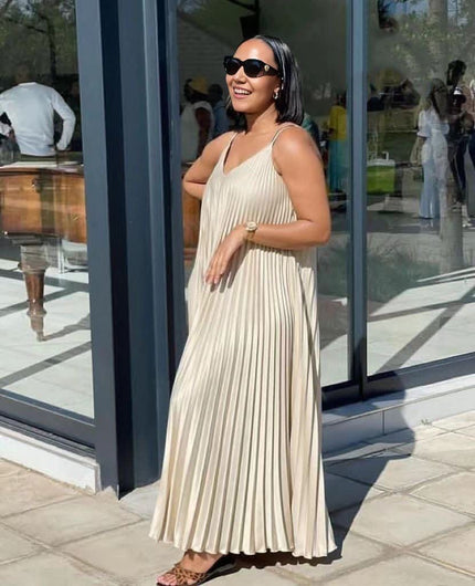 Beige pleated sleeveless maxi dress, V-neck.