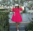Red puff sleeve princess dress, button front and gathered flared skirt