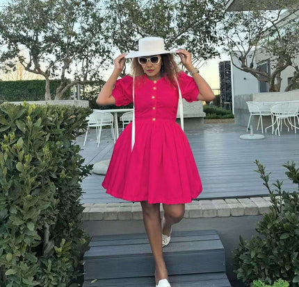 Red puff sleeve dress with button front and flared skirt