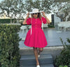 Red puff sleeve dress with button front and flared skirt