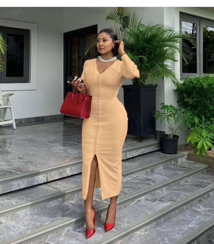 Tan midi bodycon dress with V-neck and front slit