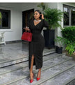 Black midi bodycon dress with V-neck and front slit