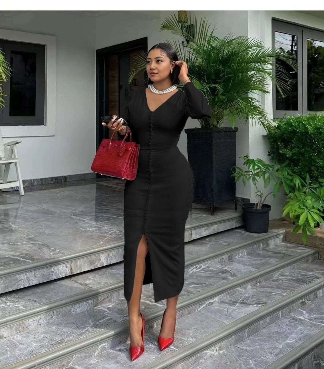 Black midi bodycon dress with V-neck and front slit