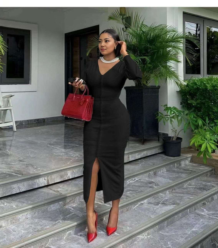 Black midi bodycon dress with V-neck and front slit