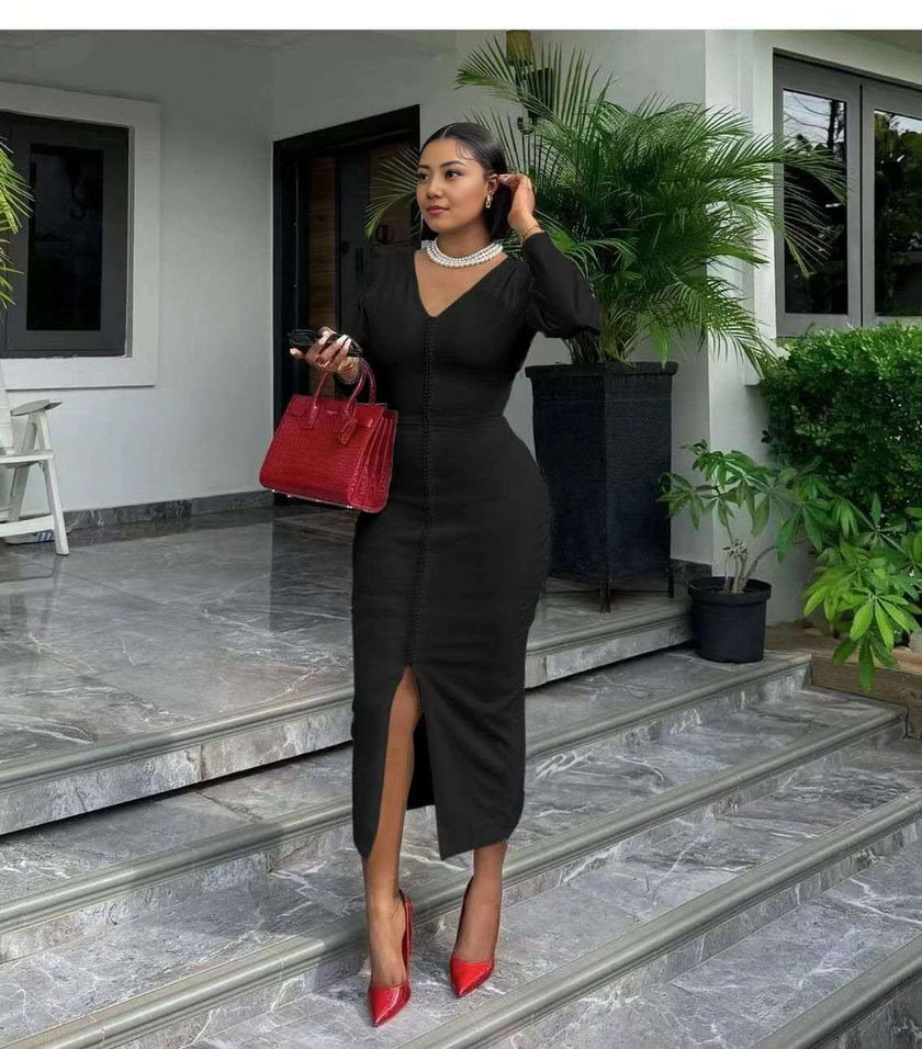Black midi bodycon dress with V-neck and front slit