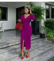 Magenta midi bodycon dress with V-neck and front slit