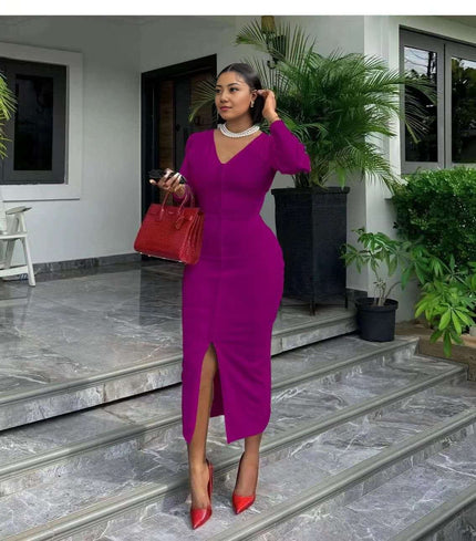 Magenta midi bodycon dress with V-neck and front slit