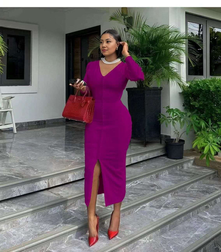 Magenta midi bodycon dress with V-neck and front slit