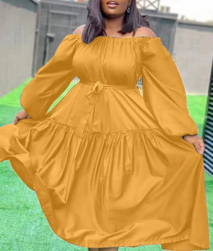 Orange off-shoulder maxi dress with long puff sleeves and ruffle hem tiers