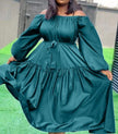 Teal off-shoulder maxi dress with long puff sleeves and ruffle hem tiers