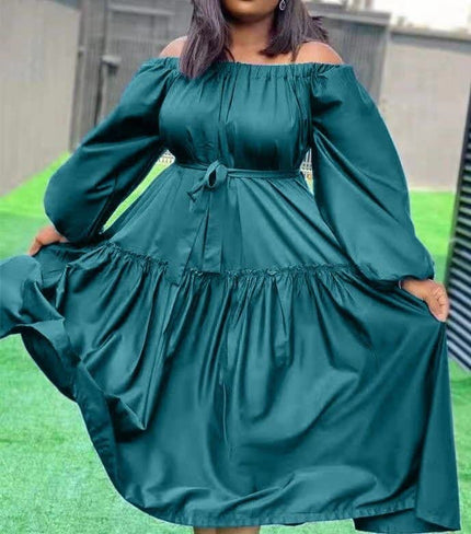 Teal off-shoulder maxi dress with long puff sleeves and ruffle hem tiers