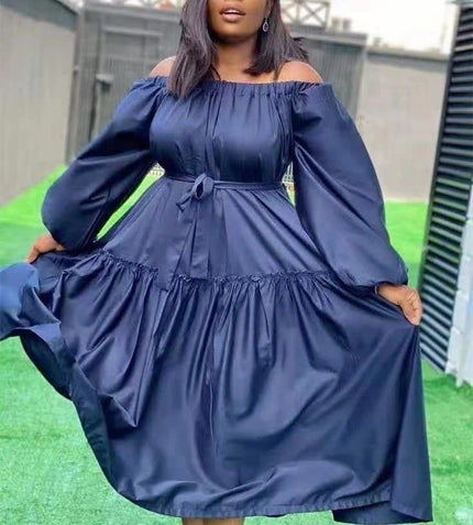 Navy off-shoulder maxi dress with long puff sleeves and ruffle hem tiers