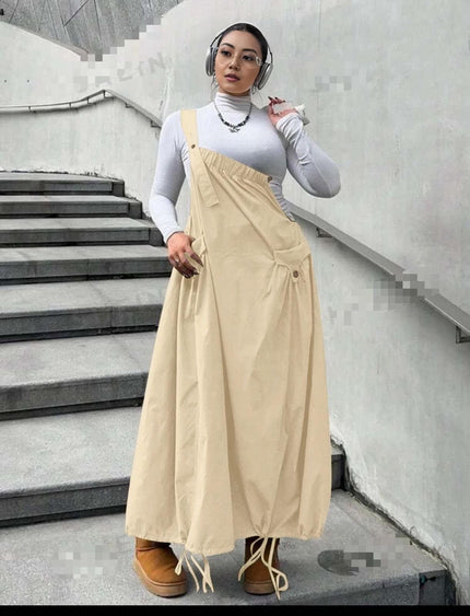 Beige utility maxi dress with square neck and adjustable drawstring waist