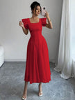 Square Neck Pleated Sleeve A-Line Midi Dress