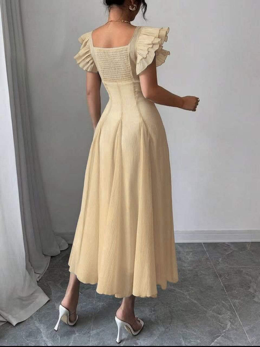 Tan midi A-line pleated dress with ruffled puff sleeves