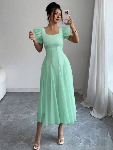 Mint-green midi A-line pleated dress with puff sleeves and square neckline