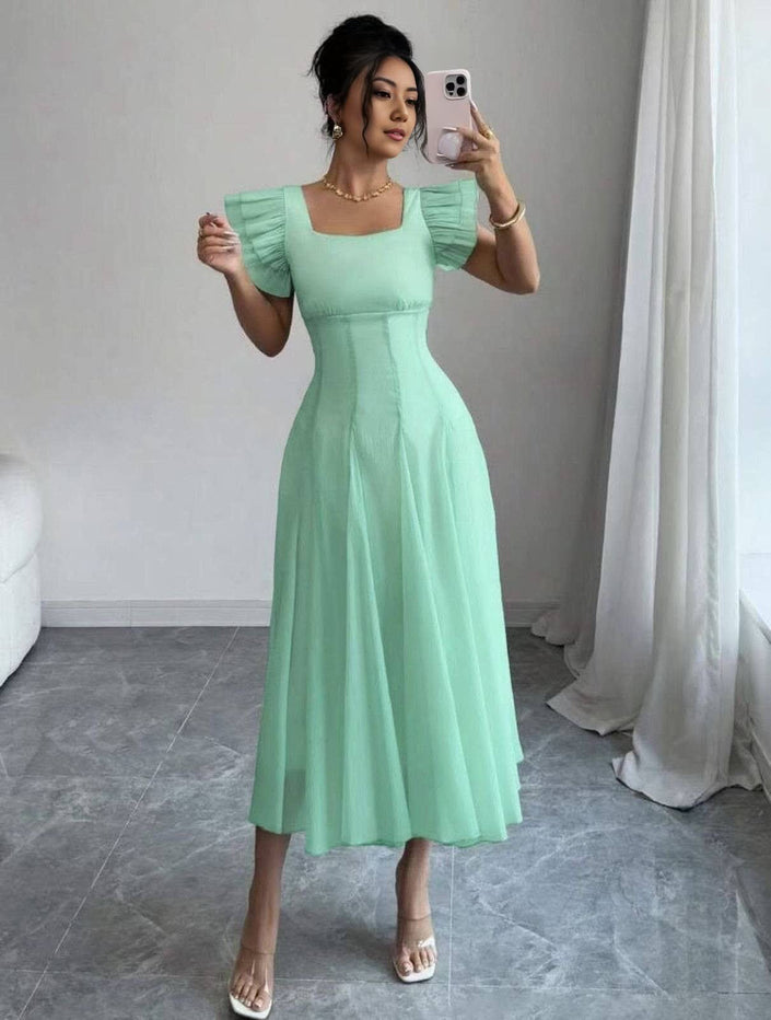 Mint-green midi A-line pleated dress with puff sleeves and square neckline