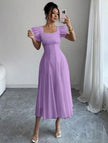 Light-purple midi A-line pleated dress with puff sleeves and square neckline