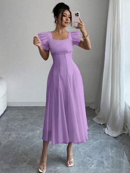 Light-purple midi A-line pleated dress with puff sleeves and square neckline