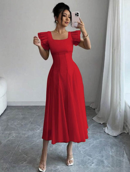 Red midi A-line pleated dress with puff sleeves and square neckline