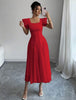 Red midi A-line pleated dress with puff sleeves and square neckline