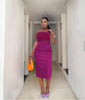 Velvet pencil skirt set with feather-trim off-shoulder top, deep pink magenta