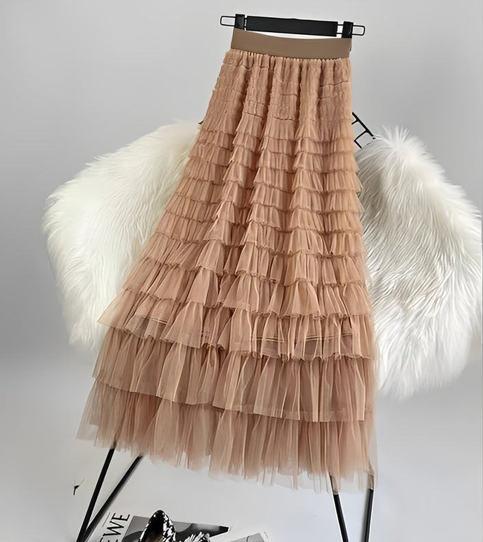 Burlywood tiered pleated midi skirt with elastic waistband and full ruffle layers