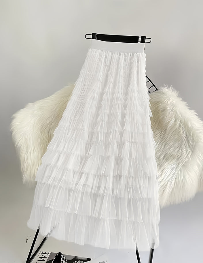 White layered pleated midi skirt with ruffle tiers and elastic waistband