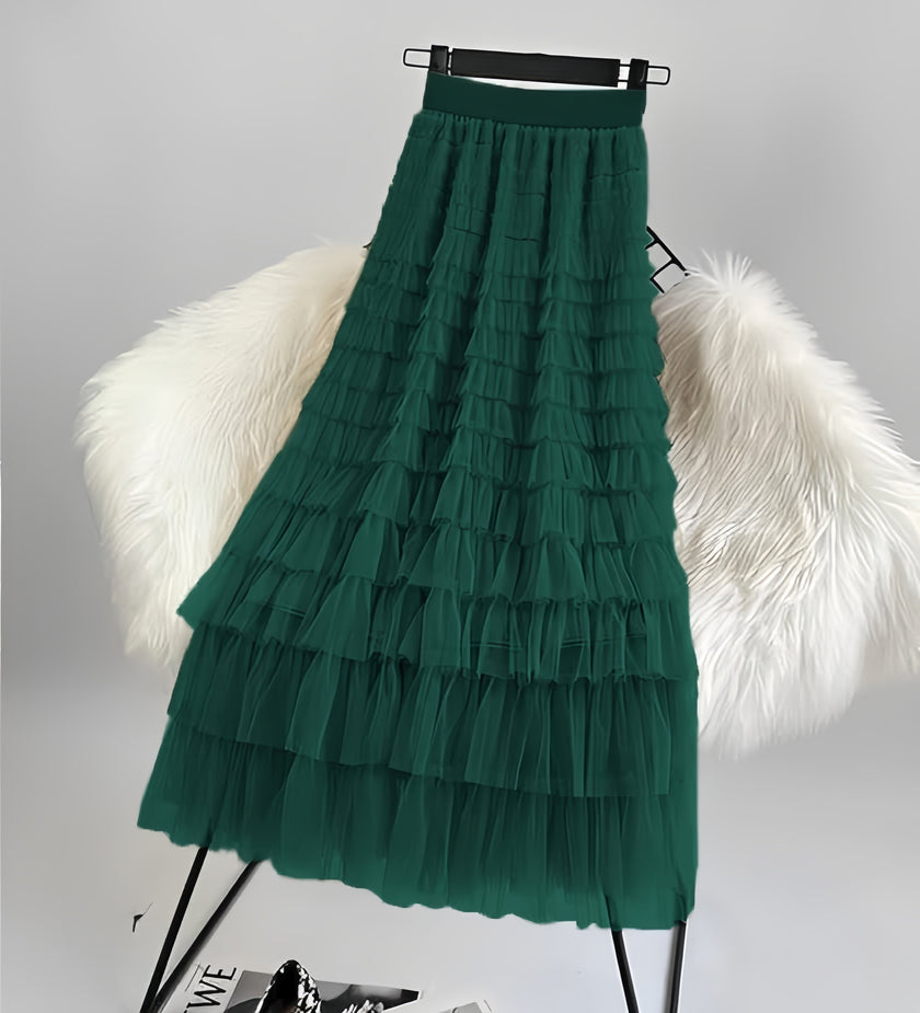 Dark-green layered pleated midi skirt with ruffle tiers and elastic waistband