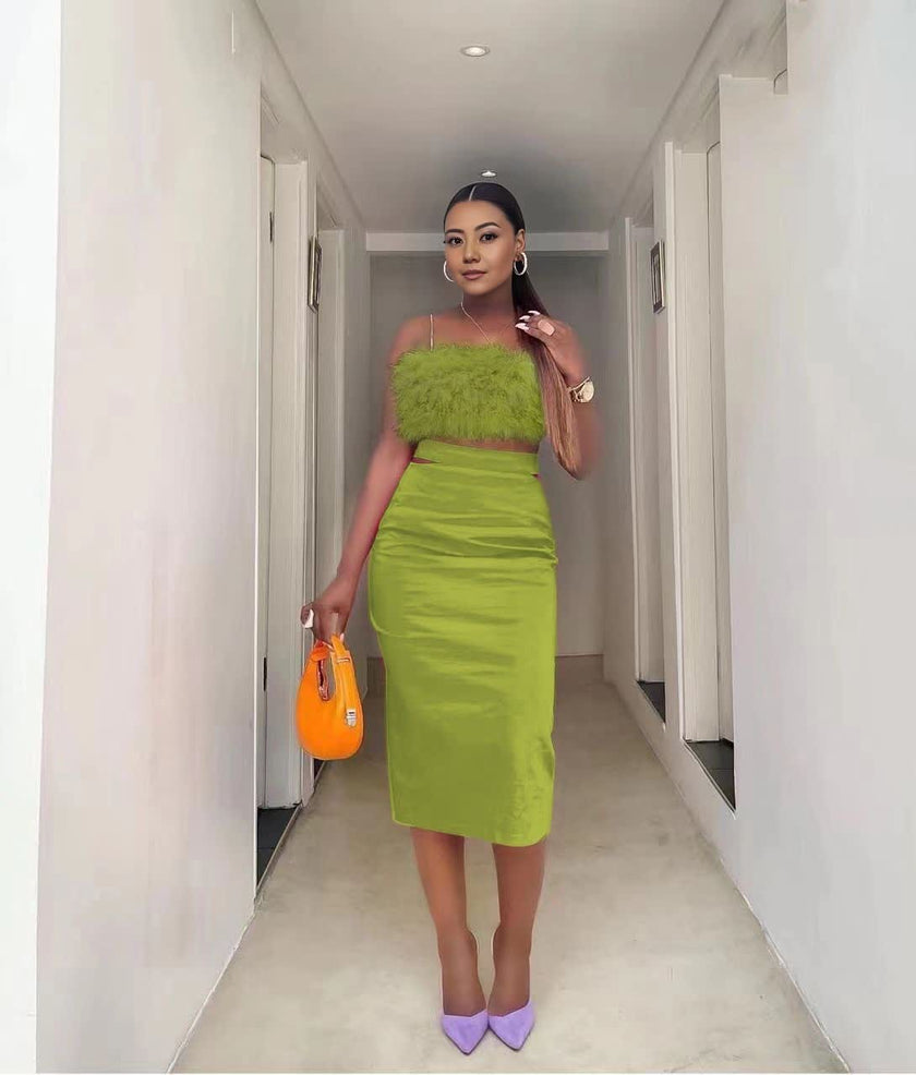 Velvet pencil skirt set with feather-trim off-shoulder top, lime green