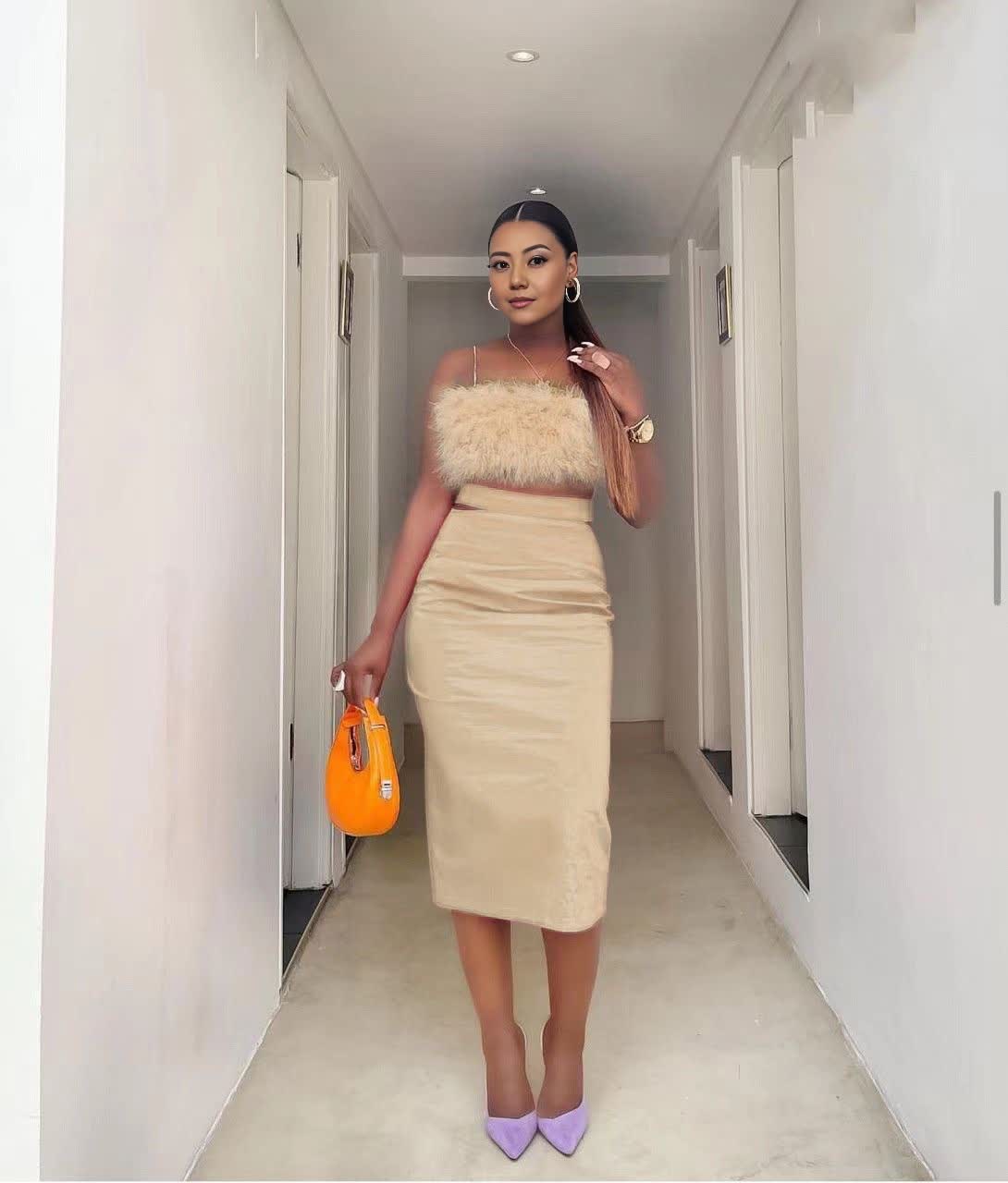 Velvet pencil skirt set with feather-trim off-shoulder top, tan beige