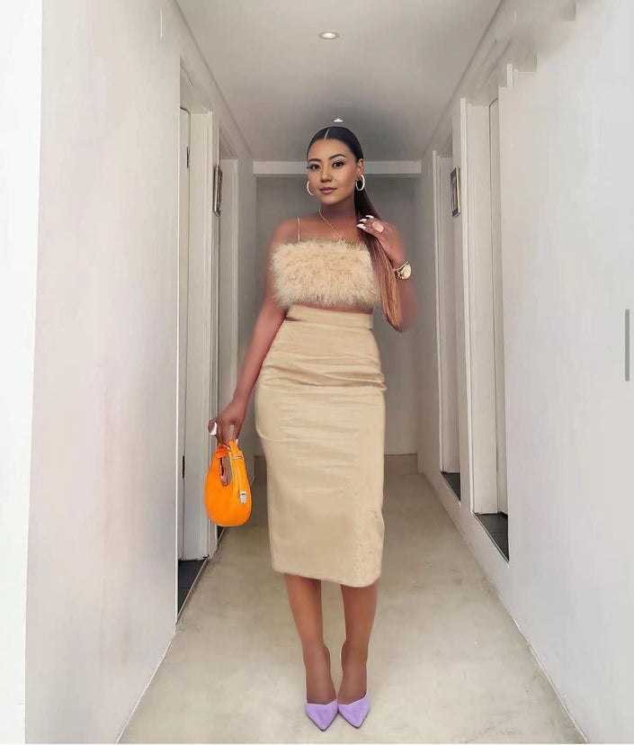Velvet pencil skirt set with feather-trim off-shoulder top, tan beige