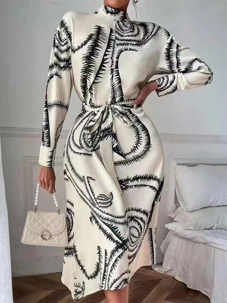 Printed midi dress, high neck, long sleeves, tie waist, black-and-white swirl pattern