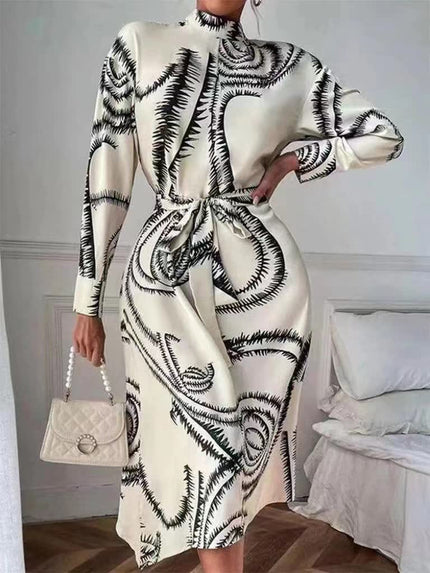 Printed midi dress, high neck, long sleeves, tie waist, black-and-white swirl pattern